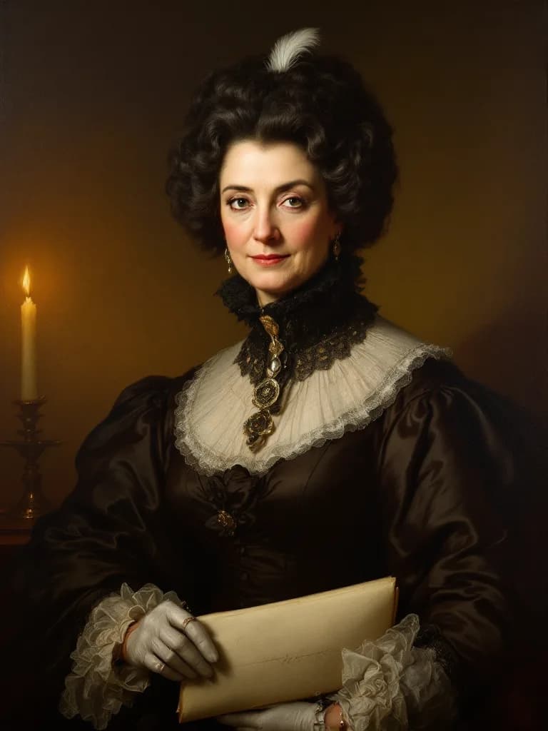 Oil portrait of the Duchess: dark silk gown, high lace collar, a single feather in her curls, a folded sealed letter in her gloved hand, and the faint smirk of someone who knows what you did.