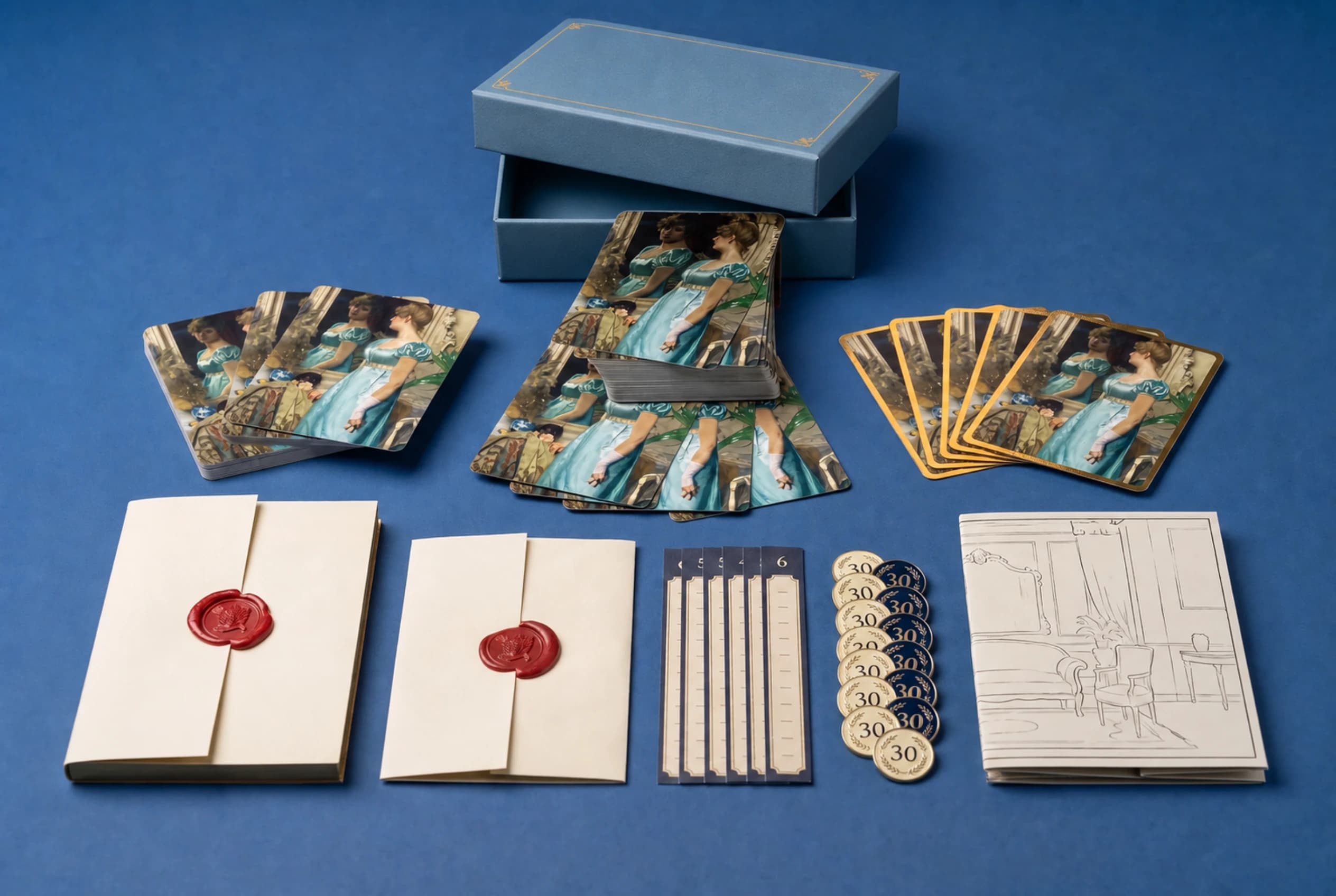 Gilded Society Edition full kit with cards, blue cardboard keepsake box, wax-sealed rulebook, and Duchess letter