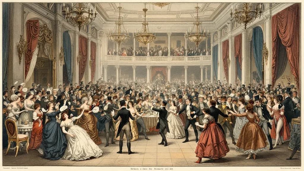 A grand Regency ballroom in elegant chaos: a lady swoons backward, a teacup tips mid-air, dowagers whisper behind raised fans, a gentleman locks a cellar door, and the dancers carry on as if nothing is wrong.